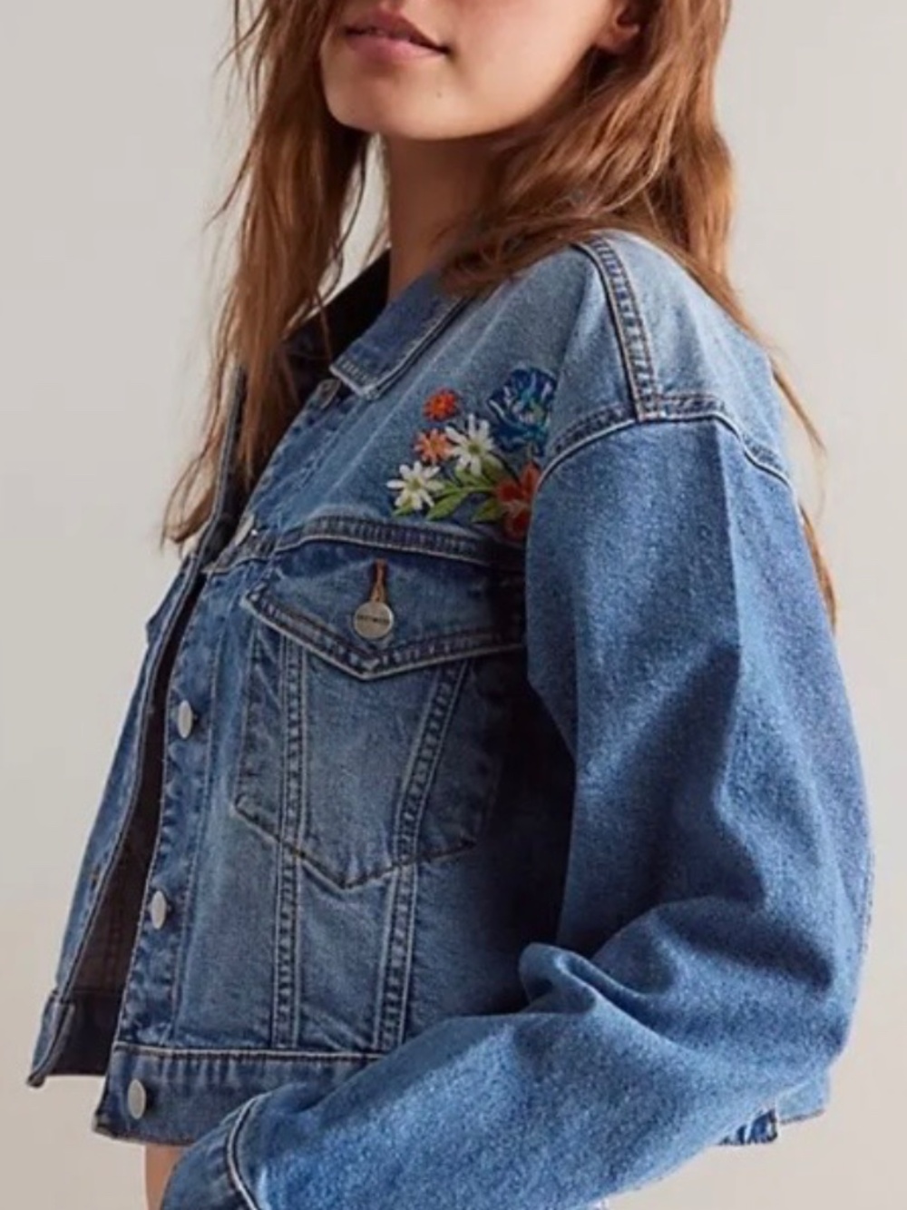 Driftwood Le Bouquet Cropped Denim Jacket Women Embroidered Floral Medium - Picture 3 of 3